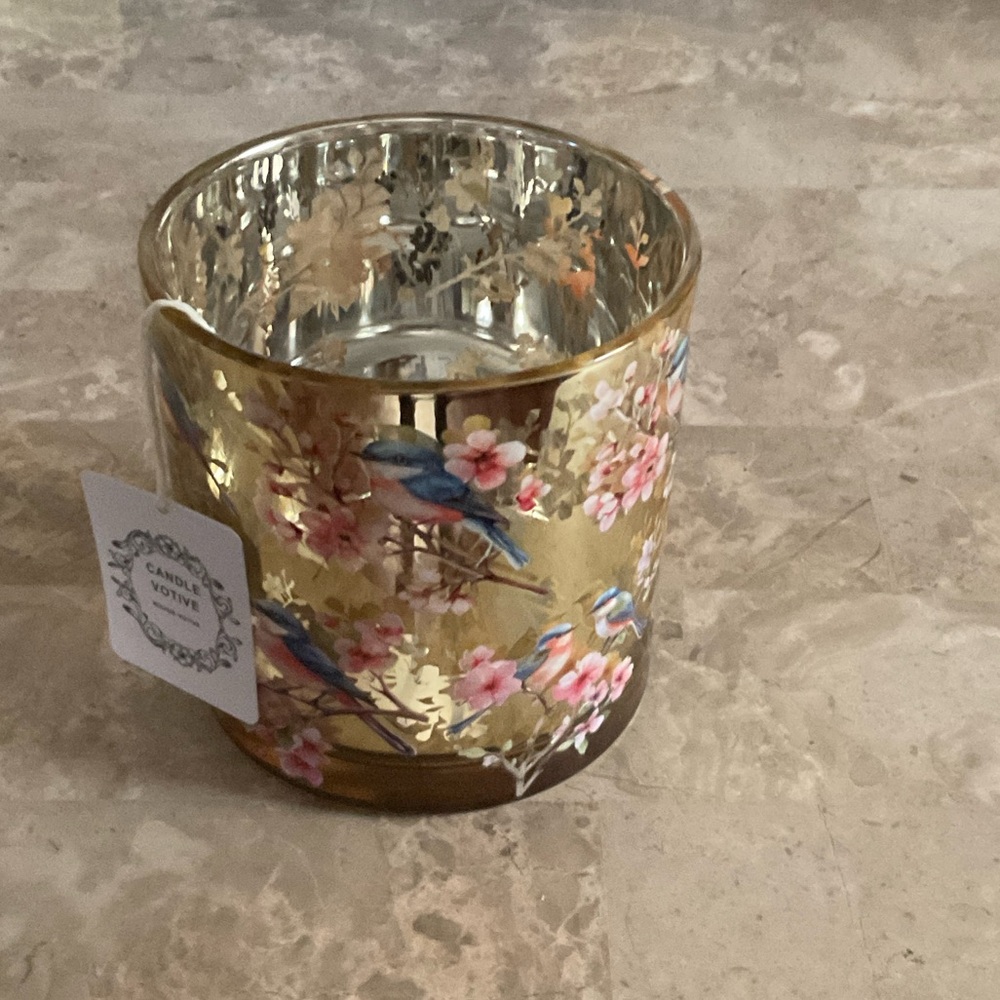 Gold Floral Bird Glass Candle Holder & Votive